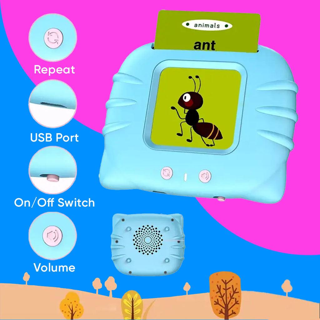 Labelled diagram pointing out the reader's repeat button, USB port, on/off switch and volume control