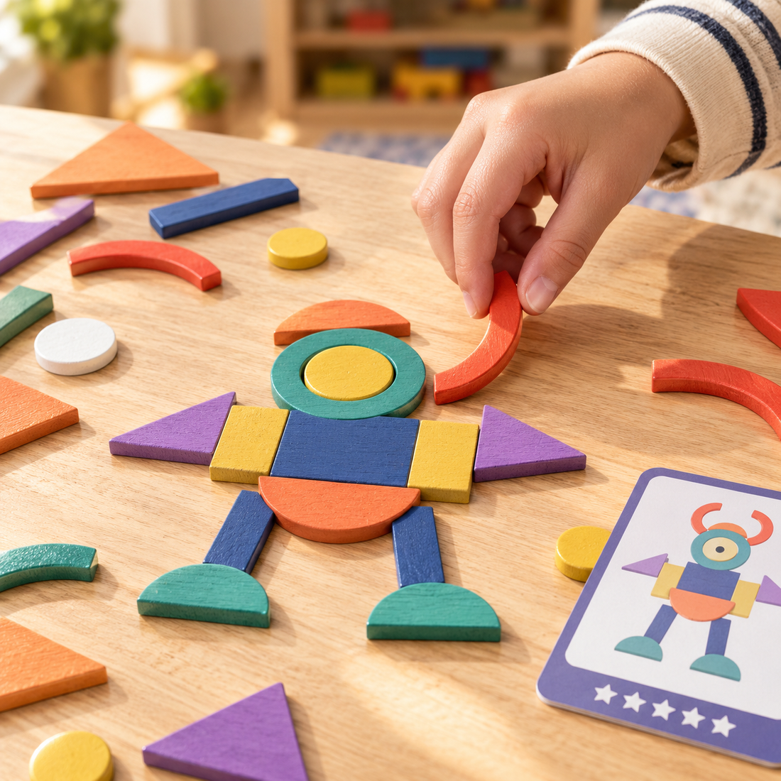 Child's hands placing a wooden shape piece to complete a robot pattern