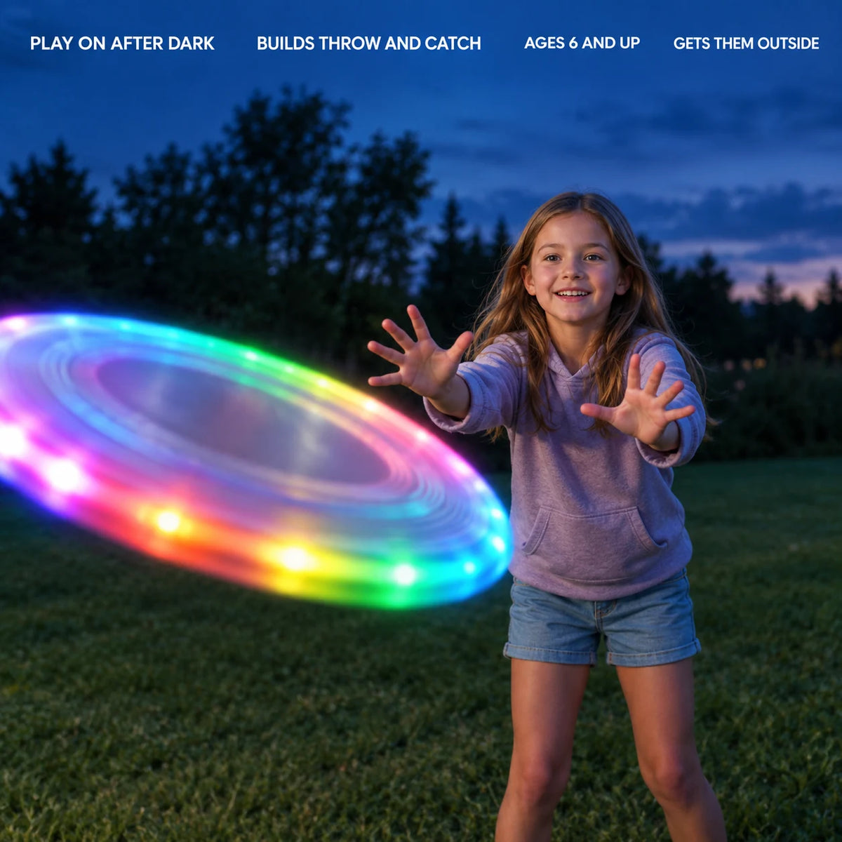 Girl on a dusk lawn reaching to catch the glowing disc, with benefit captions across the sky