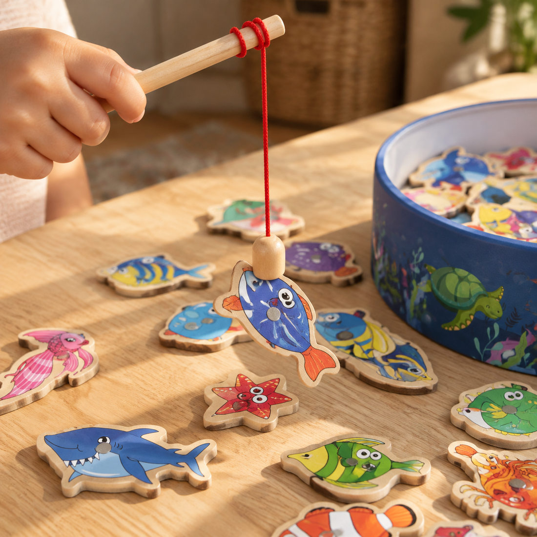 Close-up of the magnet on a wooden rod catching a painted wooden fish