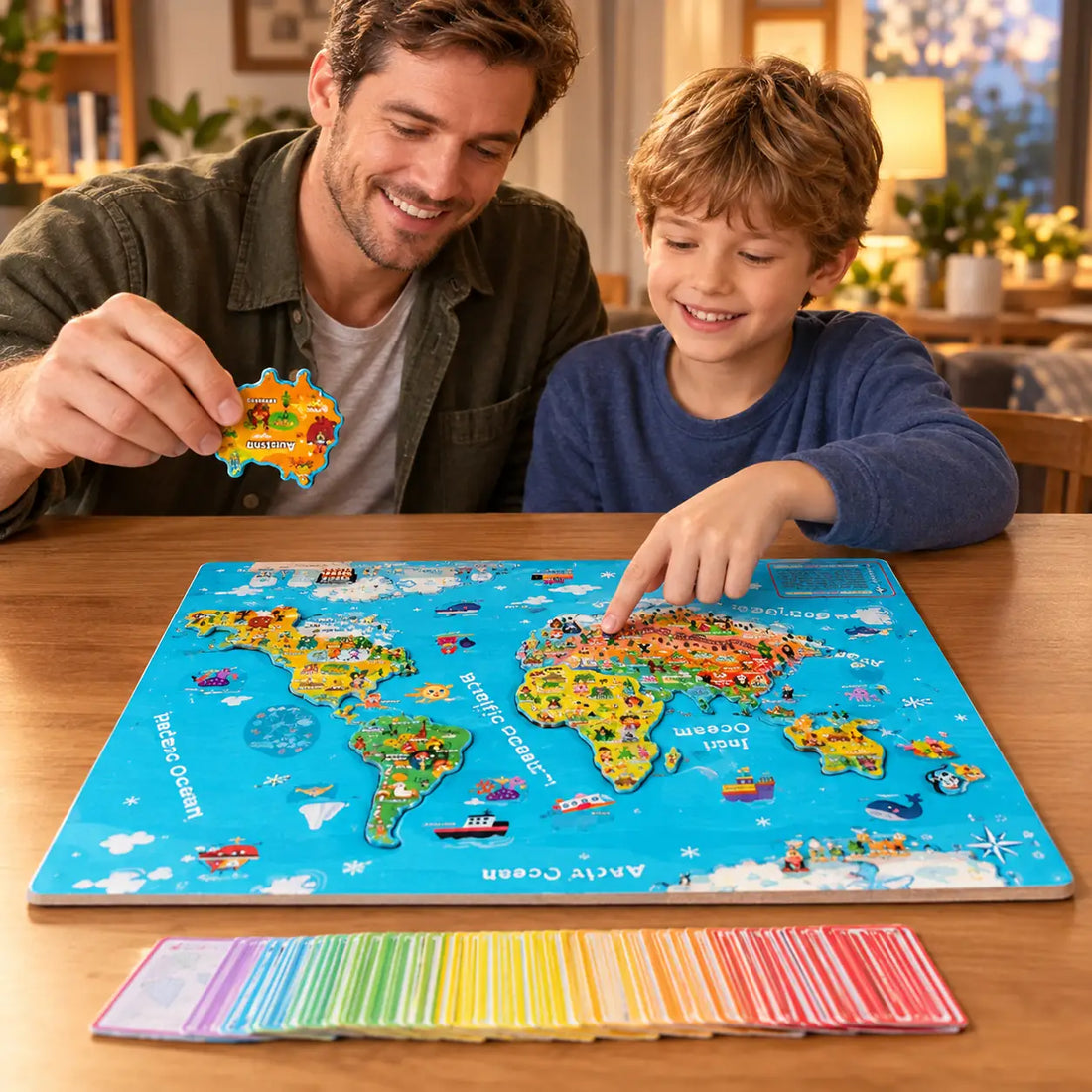 Father and son with the magnetic world map flat on the dining table, placing a country piece