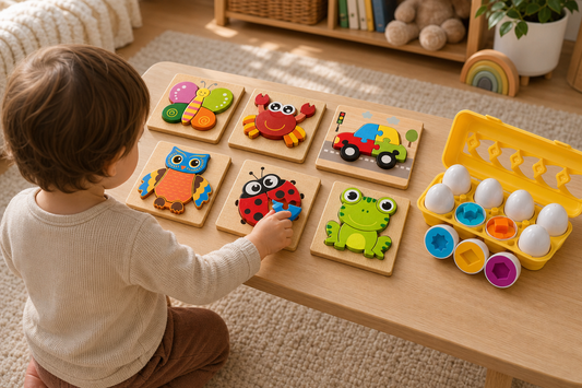 Over-the-shoulder view of a two-year-old fitting a piece into one of six chunky wooden first jigsaws, with the geometric matching eggs beside them