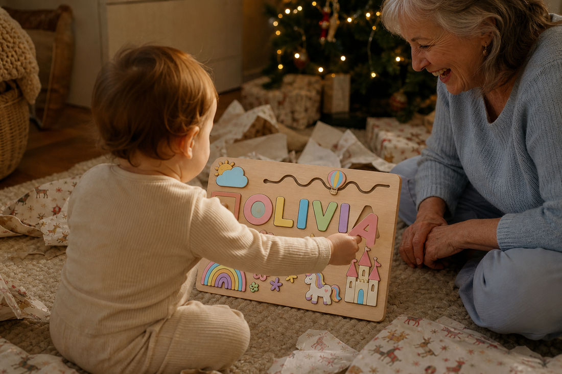 Grandmother and one-year-old on Christmas morning, the child reaching for the letter A on a personalised wooden name puzzle laid on the rug between them