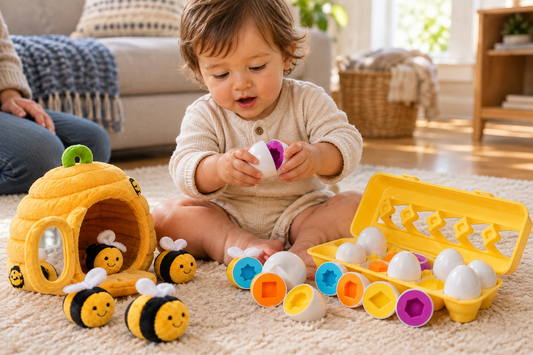 One-year-old trying to close a wooden geometric matching egg, with the plush busy beehive beside them