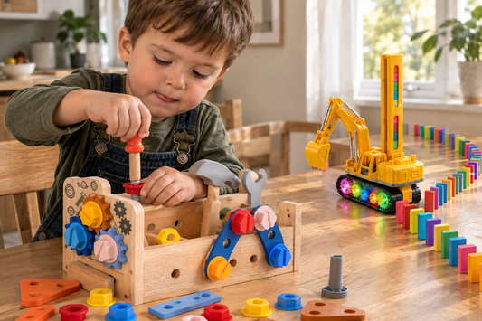 Three-year-old turning a wooden screw on the take-apart tool bench, with the Domino Digger laying dominoes behind