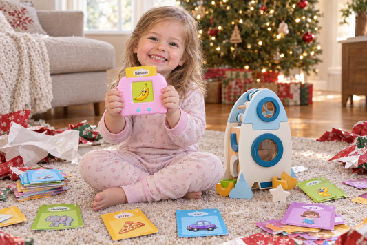 Two-year-old on Christmas morning holding the pink talking flash card reader, cards scattered on the rug and a wooden Learning Rocket beside her