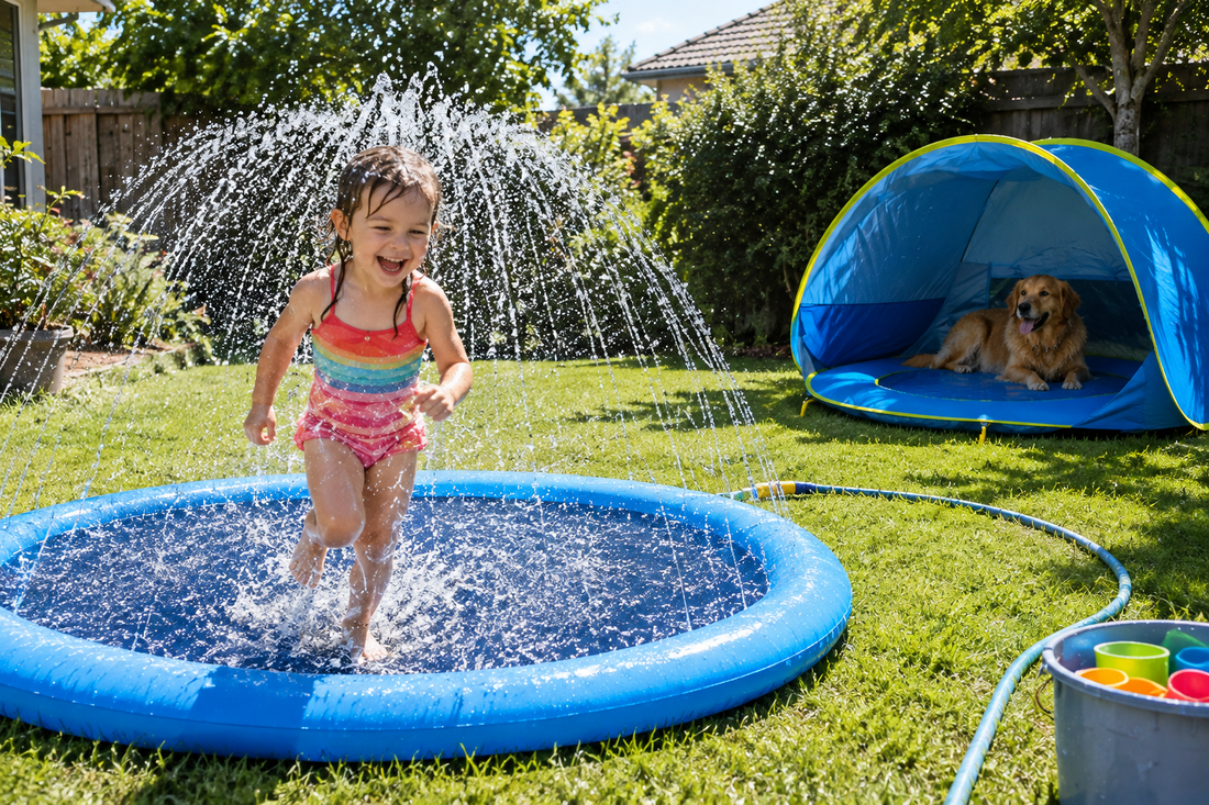 Toddler running through the splash pad spray on the lawn, dog resting in the shade of the pop-up pool tent
