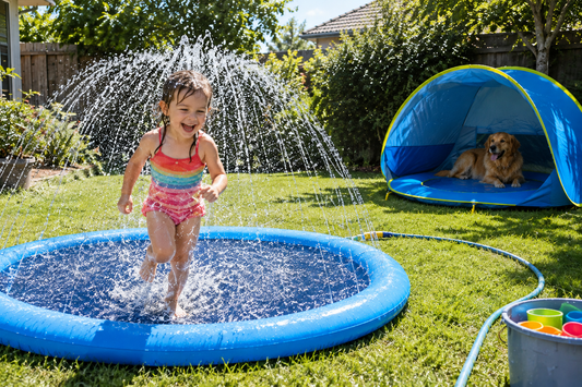 Toddler running through the splash pad spray on the lawn, dog resting in the shade of the pop-up pool tent