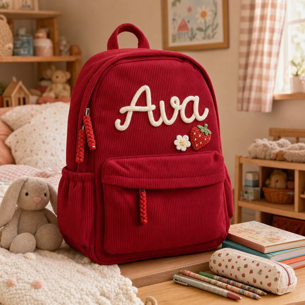 Personalized red corduroy kids backpack with hand-knitted name, in a cosy child's bedroom scene with a soft toy and school books