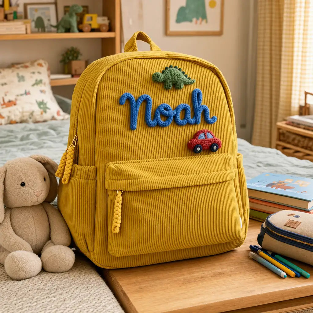 Personalized yellow corduroy kids backpack with hand-knitted name, in a cosy child's bedroom scene with a soft toy and pencil case