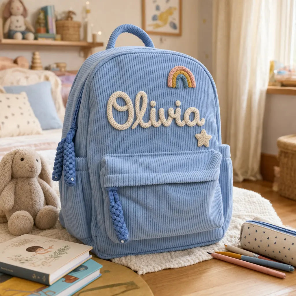 Personalized blue corduroy kids backpack with hand-knitted name, in a cosy child's bedroom scene with a soft toy and school books