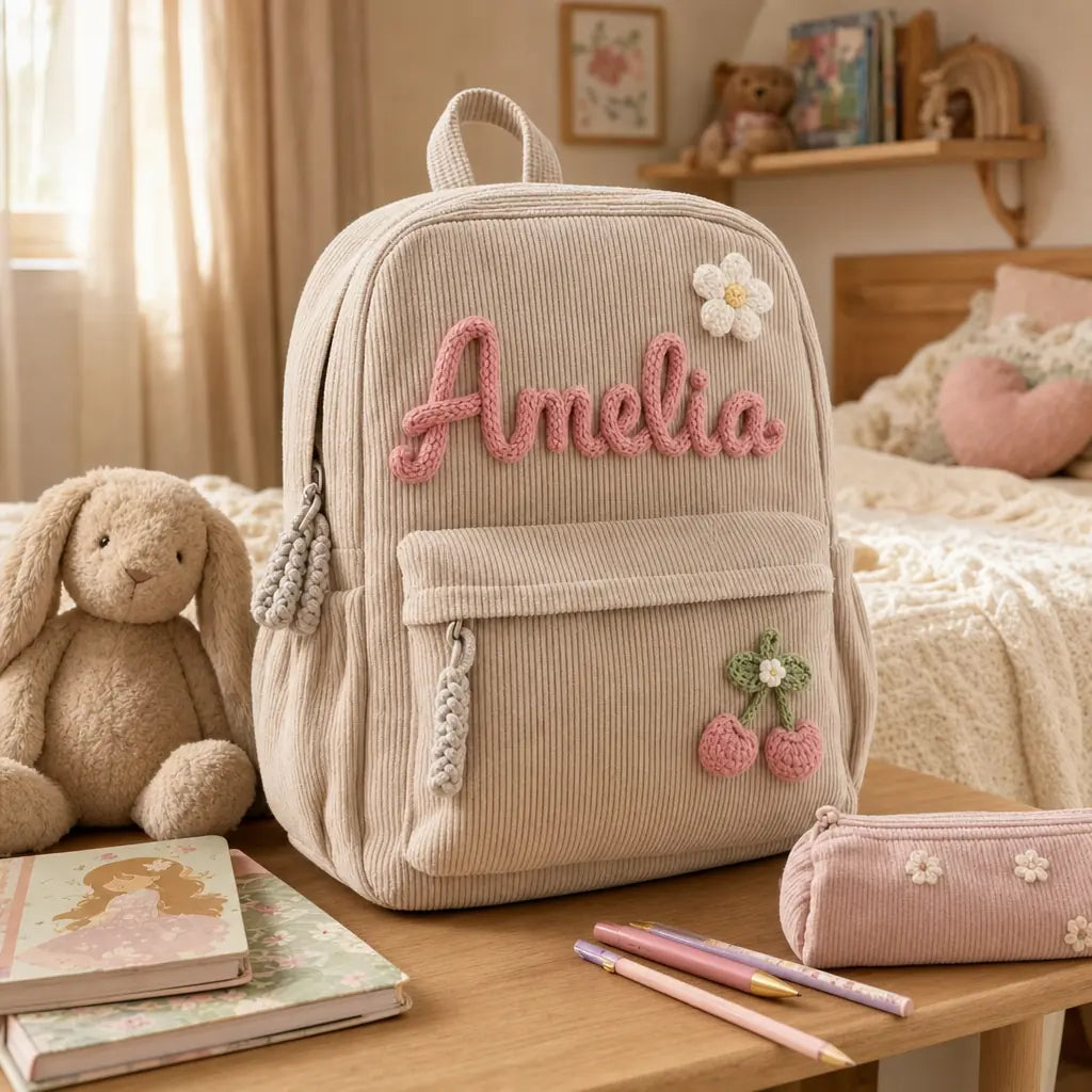Personalized beige corduroy kids backpack with hand-knitted name, in a cosy child's bedroom scene with a soft toy and pencil case