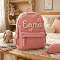 Personalized pink corduroy kids backpack with hand-knitted name, in a cosy child's bedroom scene with a soft toy and school books