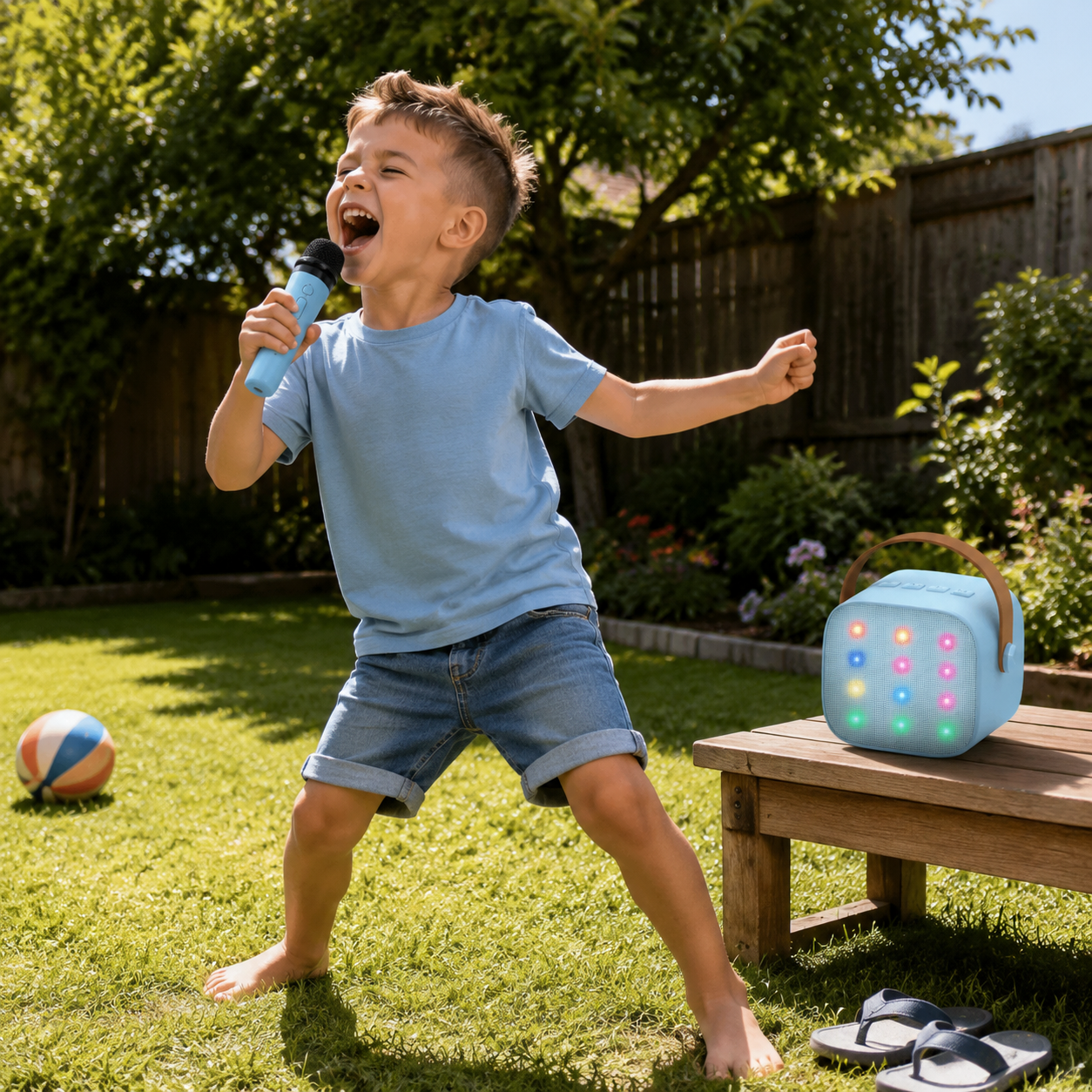 Young boy singing outdoors in a sunny backyard with a blue kids karaoke machine and wireless microphone