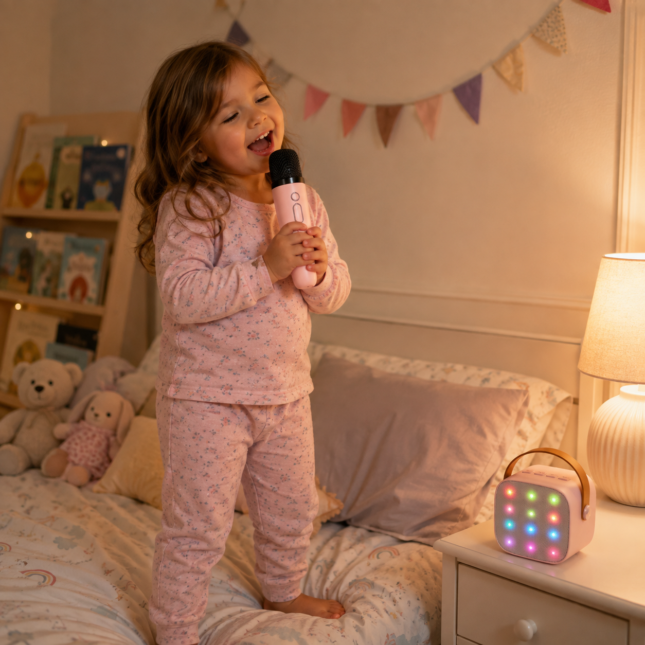 Young girl in pyjamas singing into a wireless microphone with a pink kids karaoke machine on her bedside table