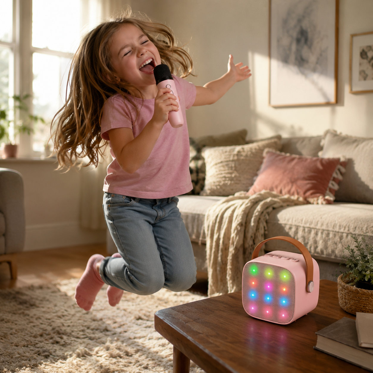 Girl aged 6 jumping and singing into a pink wireless microphone with the kids karaoke machine on the coffee table