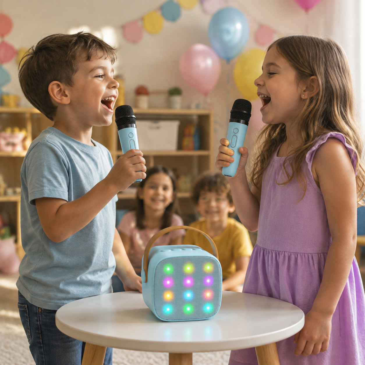 Two children singing together with blue wireless microphones and a kids karaoke machine at a birthday party