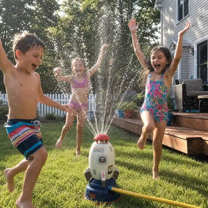 Three children running and jumping through the spray of a rocket water sprinkler in an American backyard