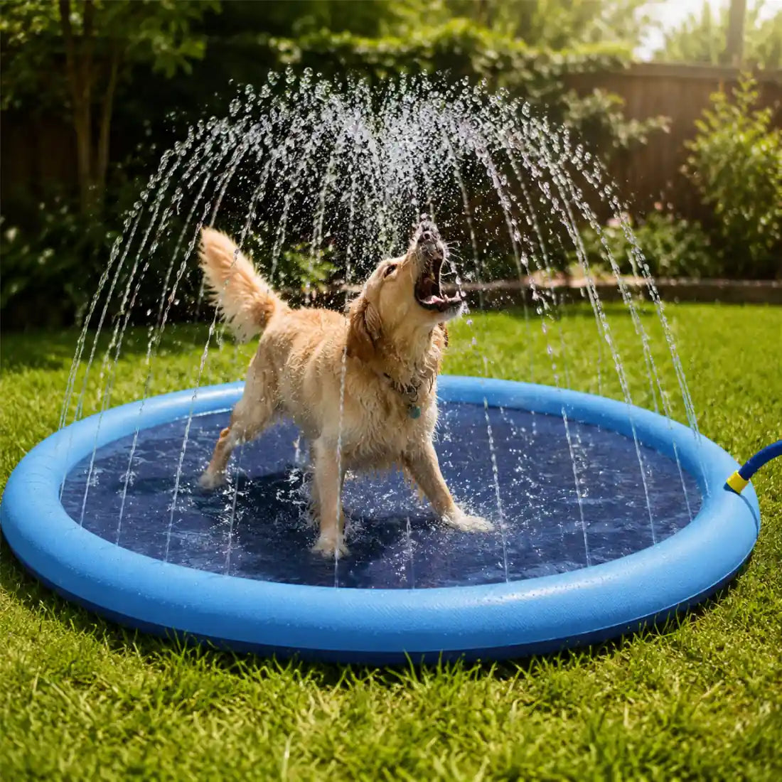 A golden retriever biting at the water spray of a dog splash pad sprinkler mat in a backyard