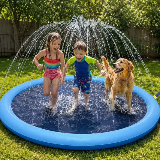 Two children and a golden retriever playing together in a blue non-slip splash pad sprinkler mat on a sunny backyard lawn