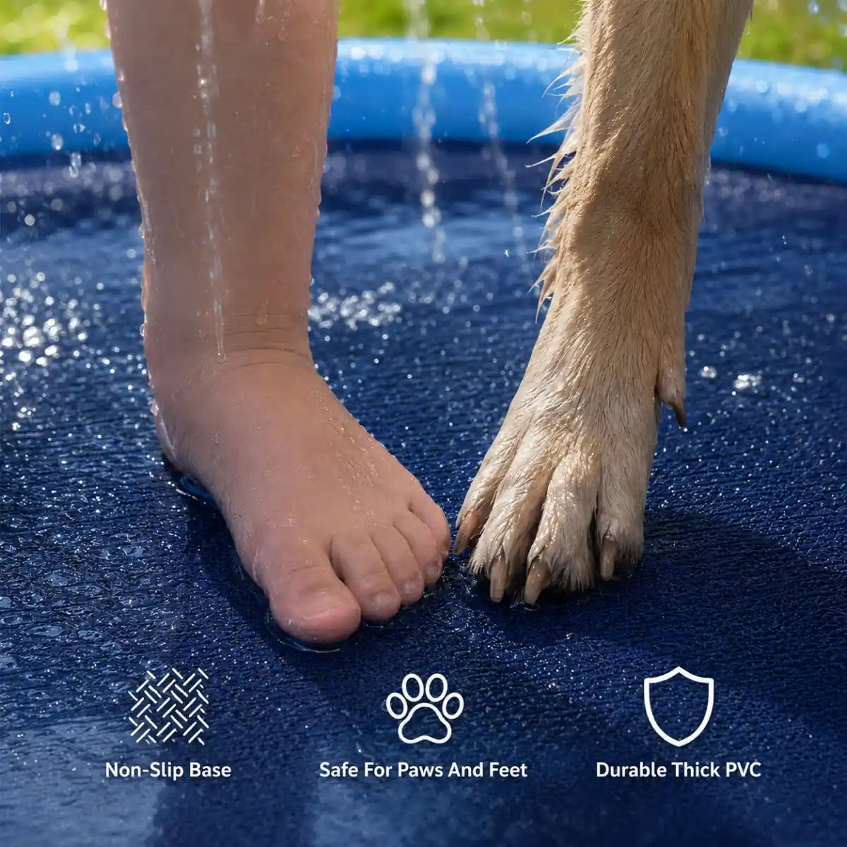 Close-up of a child's bare foot and a dog's paw gripping the non-slip textured base of the splash pad
