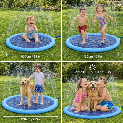 Splash pad size guide comparing 100cm 39in, 150cm 59in and 170cm 67in with children and a dog