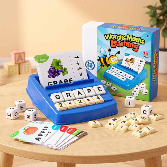 Blue spelling and maths game on a table with its retail box, letter cubes and picture cards