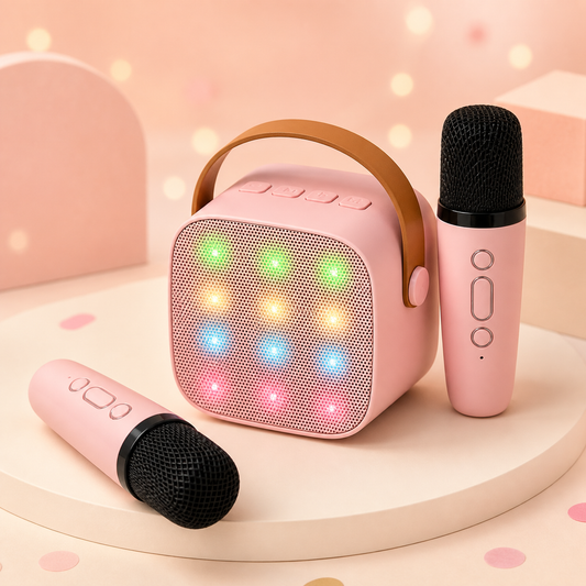 Pink kids karaoke machine with two wireless microphones and twelve colour-changing LED lights