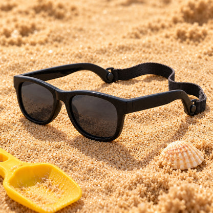 Black baby sunglasses with strap on beach sand beside a shell and toy spade