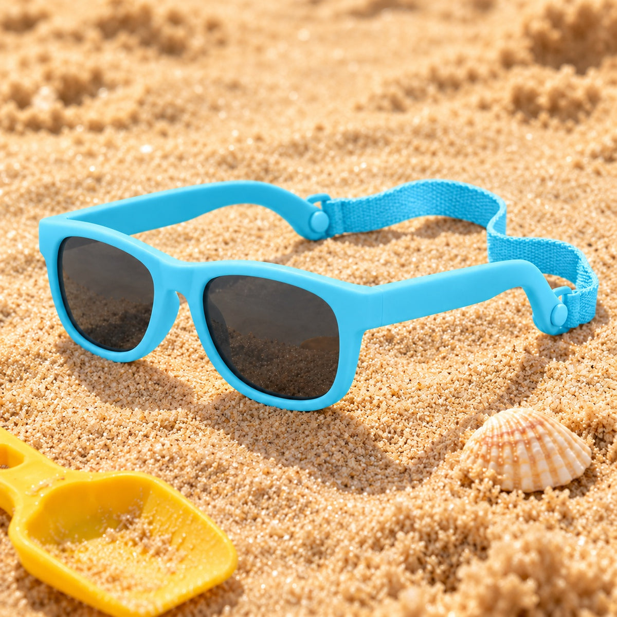 Blue baby sunglasses with strap on beach sand beside a shell and toy spade