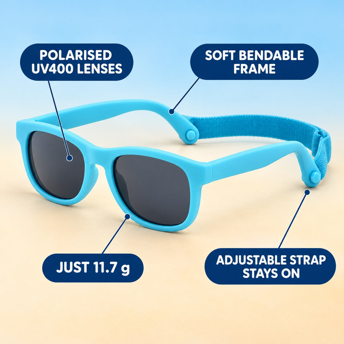 Baby sunglasses features: polarised UV400 lenses, soft bendable frame, adjustable strap, 11.7 g