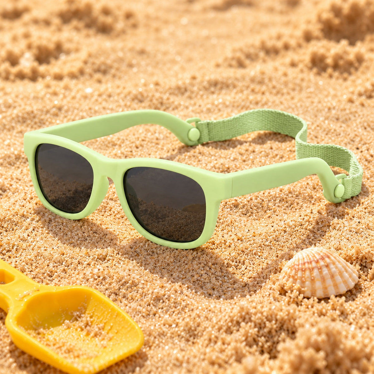 Light green baby sunglasses with strap on beach sand beside a shell and toy spade