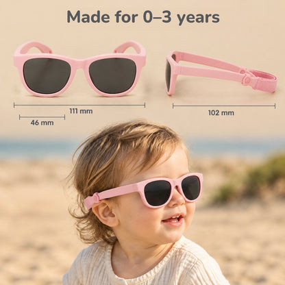Baby sunglasses size guide: 111 mm wide, 46 mm lenses, 102 mm arms, made for ages 0 to 3