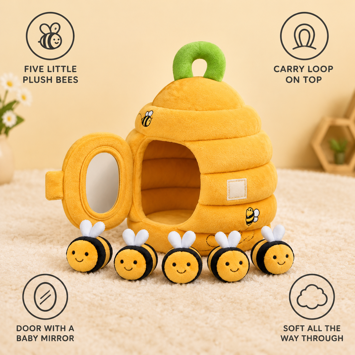 Busy Beehive features: five little plush bees, door with a baby mirror, carry loop on top, soft all the way through