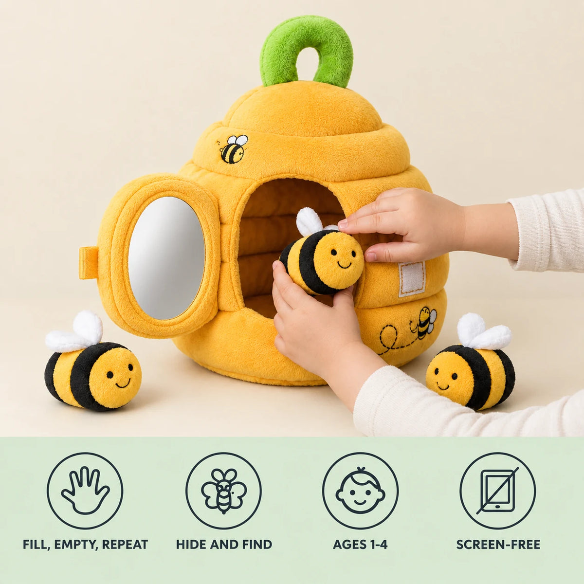 Busy Beehive benefits: fill empty repeat, hide and find, ages 1 to 4, screen-free