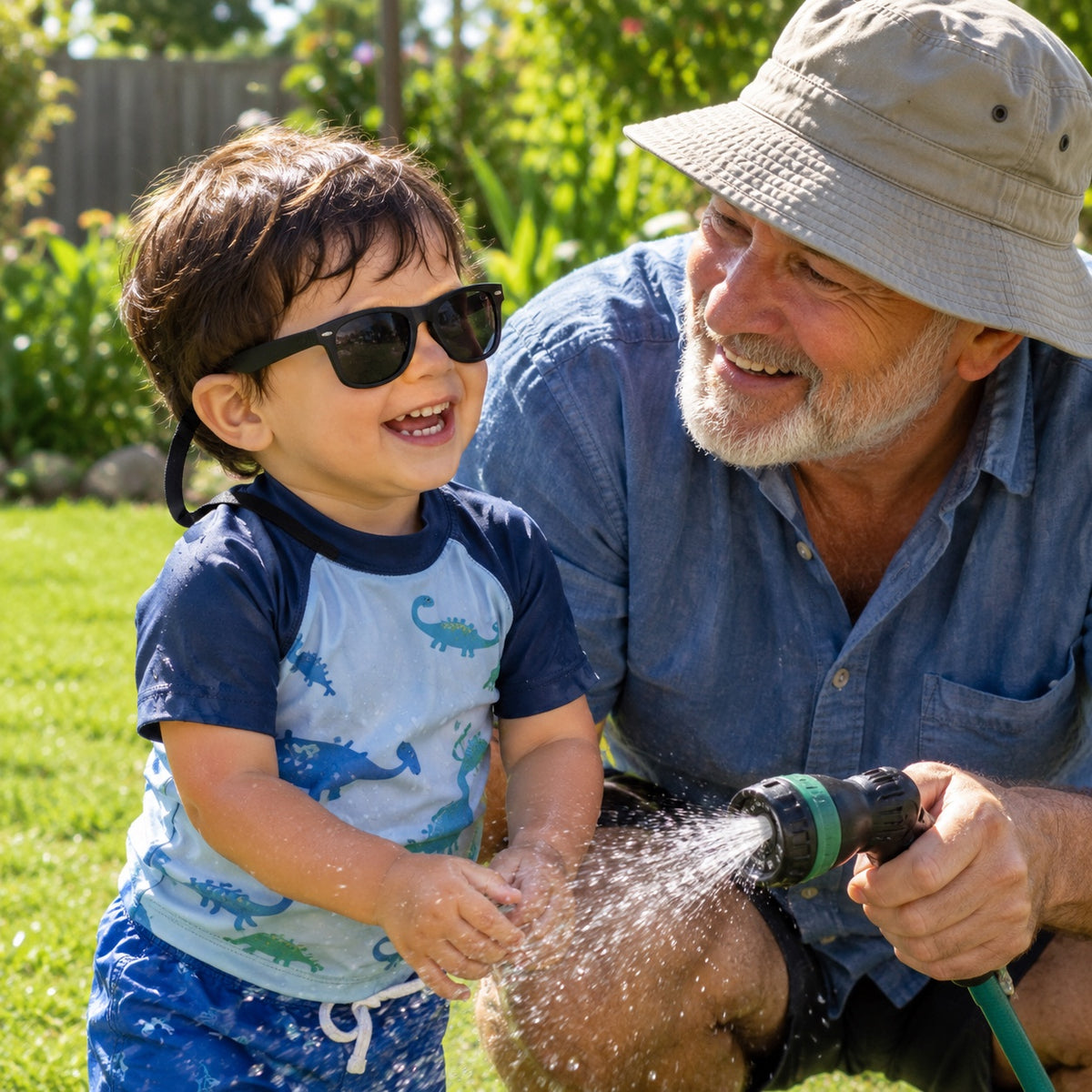 Toddler boy in black sunglasses with strap playing with the garden hose with his grandfather