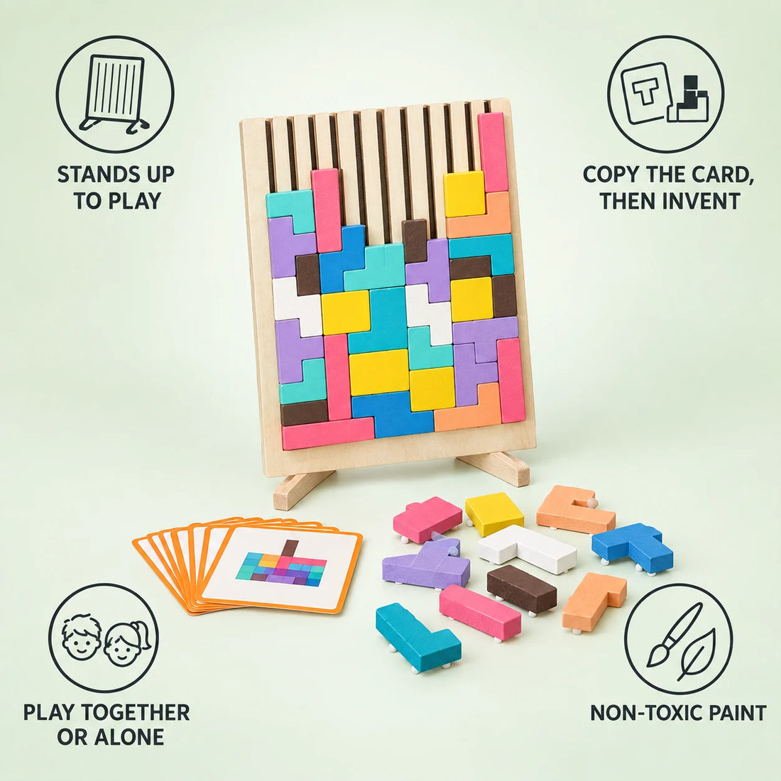 Features: stands up to play, copy the card then invent, play together or alone, non-toxic paint
