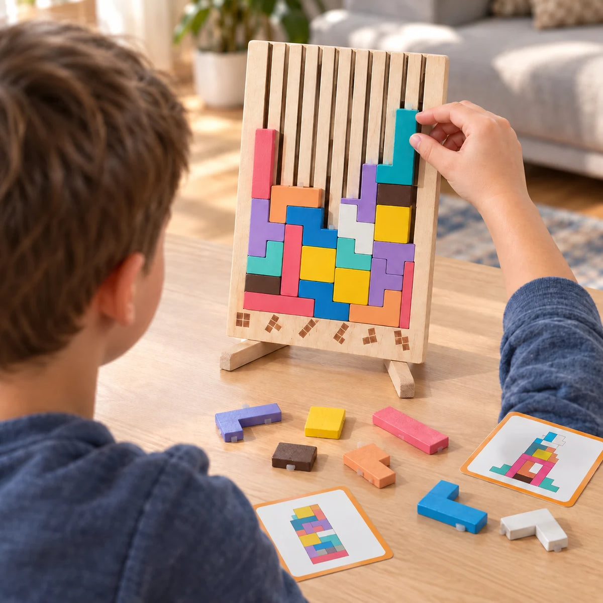 Boy sliding a block into the standing wooden tetromino board, half filled, seen over his shoulder