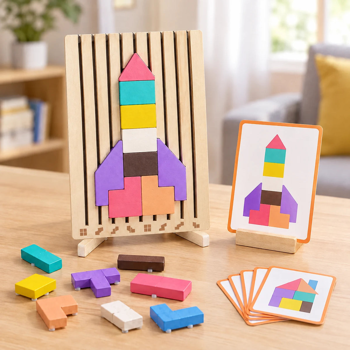 A rocket built on the standing board matching the pattern card propped beside it