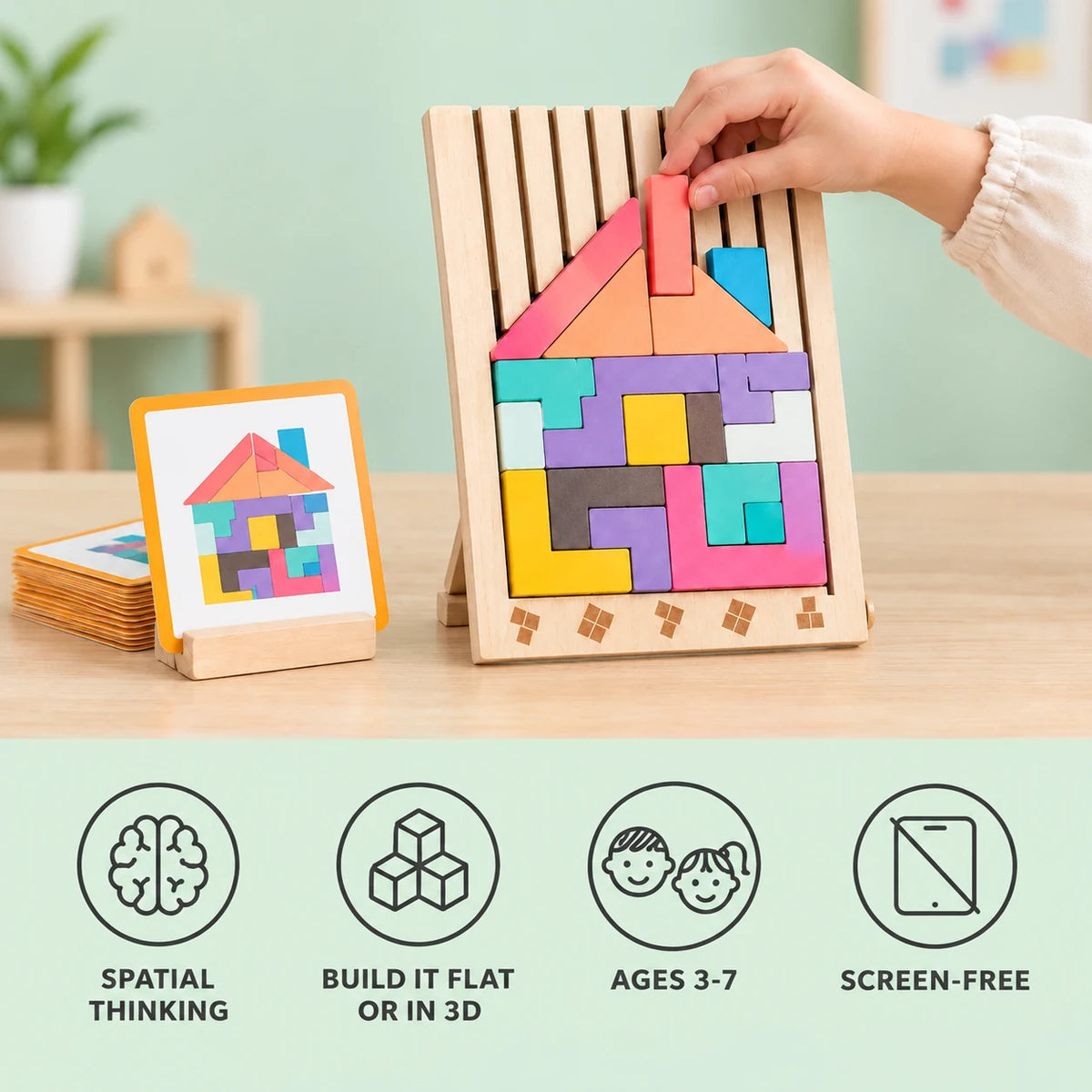 Benefits: spatial thinking, build it flat or in 3D, ages 3 to 7, screen-free