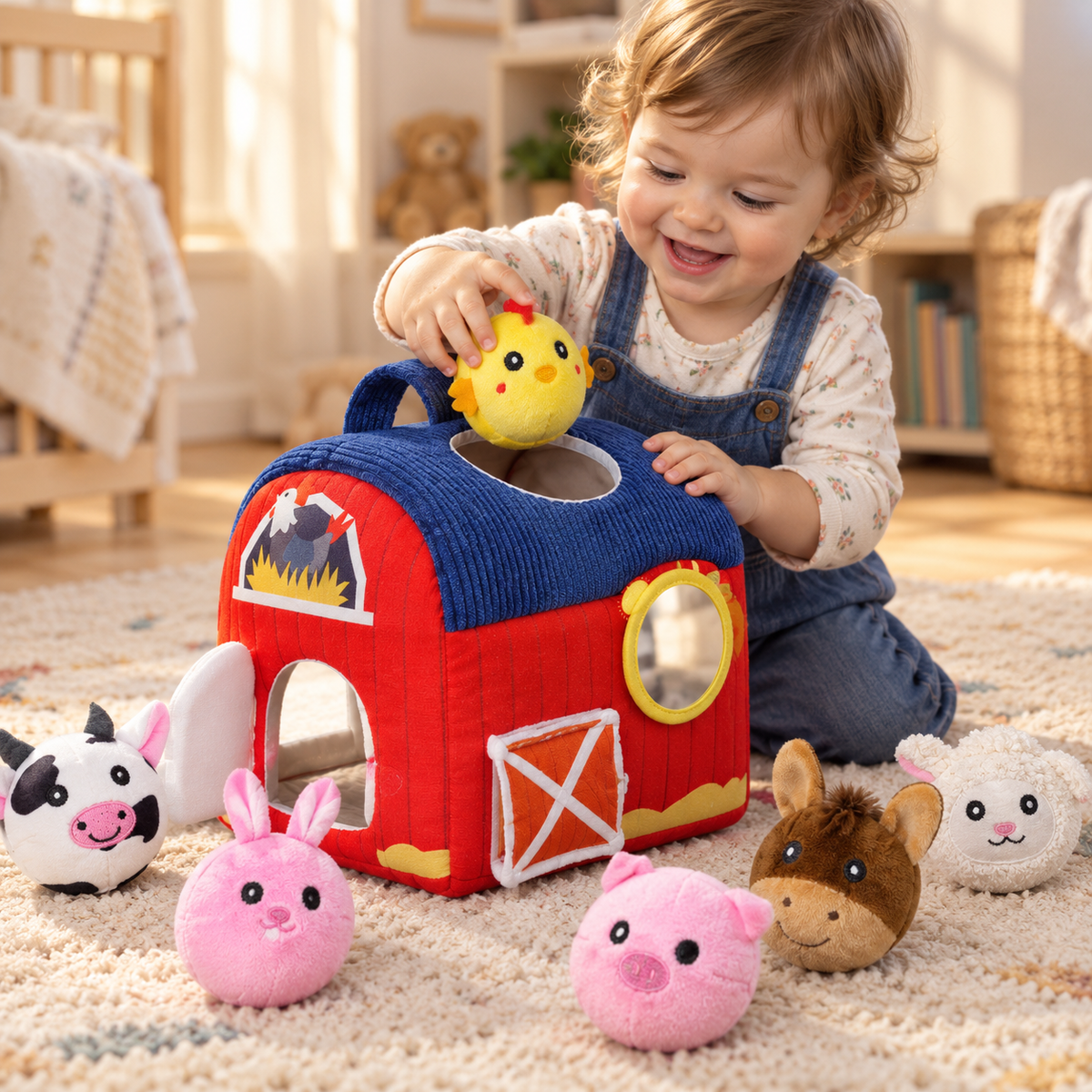 Toddler posting a plush chick down through the opening in the top of the soft barn roof