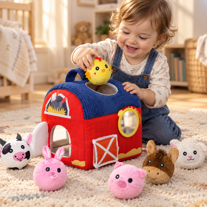 Toddler posting a plush chick down through the opening in the top of the soft barn roof