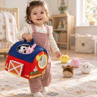 Toddler carrying the soft play barn by its fabric roof handle with animals inside