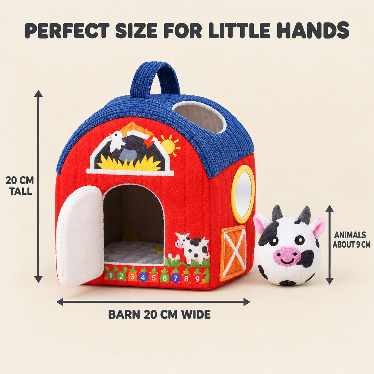 Soft Play Barn size guide: barn 20cm wide and 20cm tall, animals about 9cm