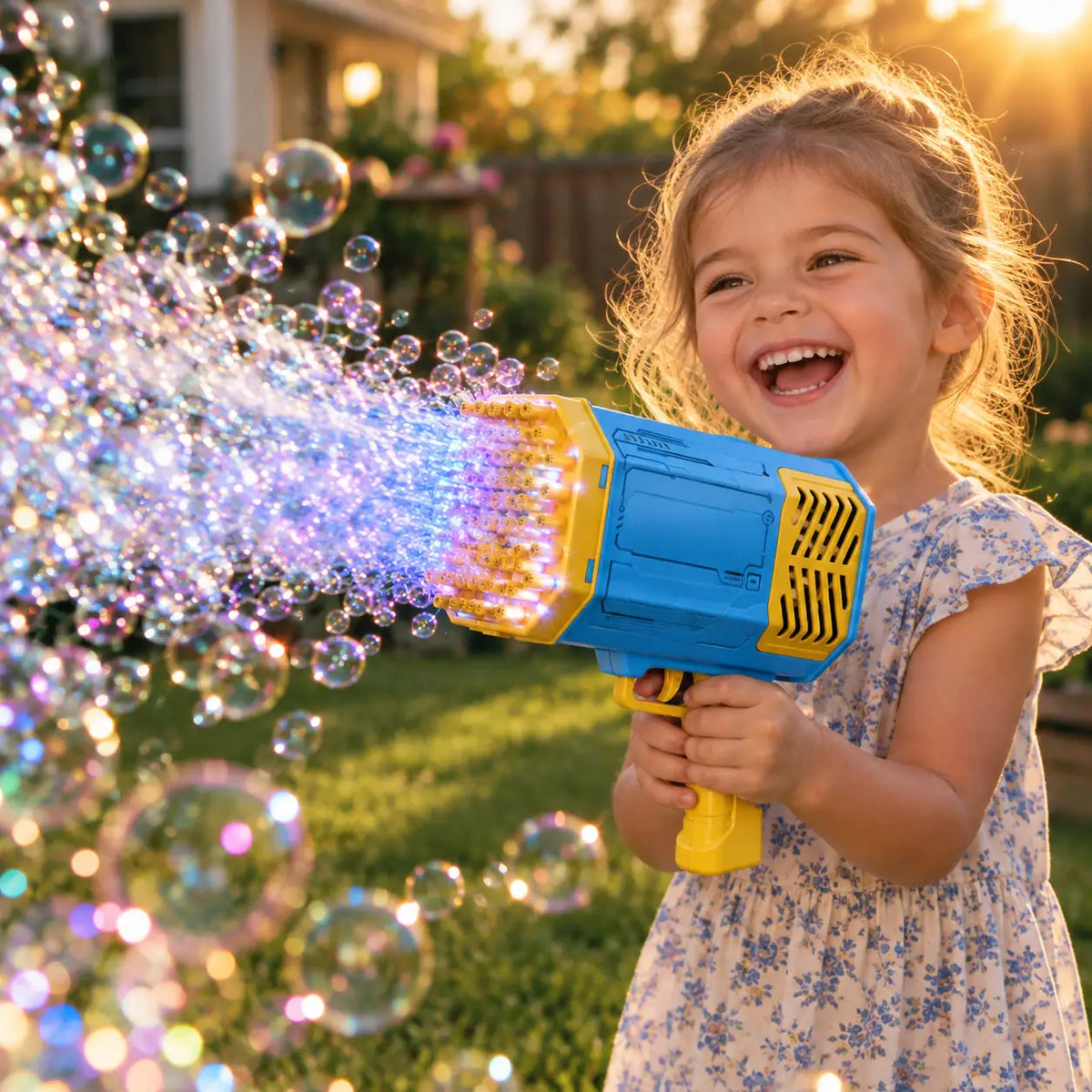 Girl firing a cloud of bubbles from the blue rocket bubble blaster at golden hour