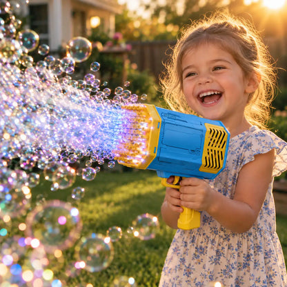 Girl firing a cloud of bubbles from the blue rocket bubble blaster at golden hour