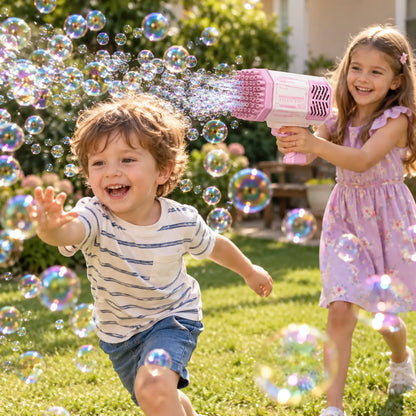 Boy chasing bubbles while his sister aims the pink rocket bubble blaster