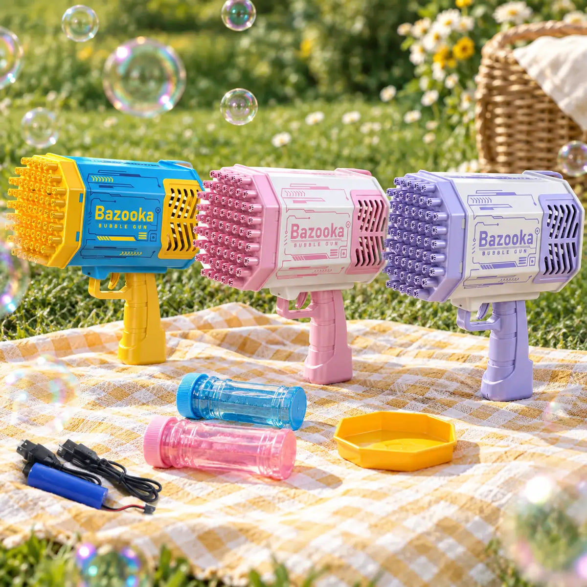 Blue, pink and purple rocket bubble blasters with solution bottles on a picnic blanket