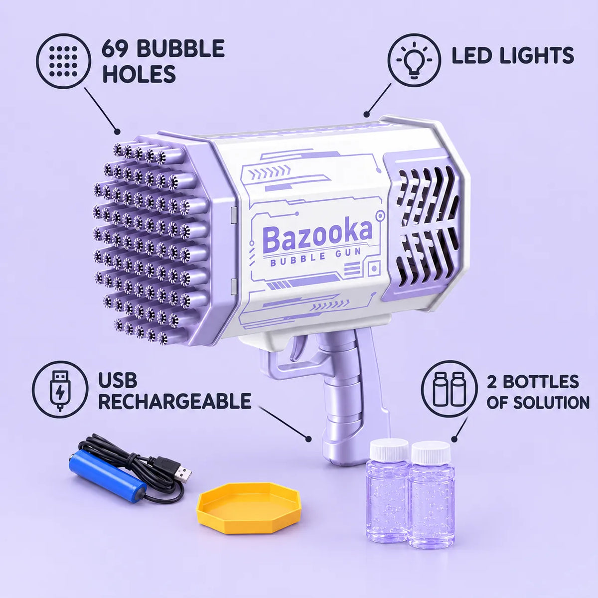 Bubble blaster features: 69 bubble holes, LED lights, USB rechargeable, 2 bottles of solution