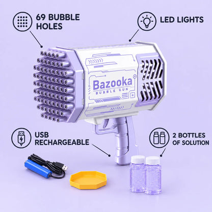 Bubble blaster features: 69 bubble holes, LED lights, USB rechargeable, 2 bottles of solution